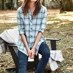 J. Jill Blue Plaid Crinkle Textured Pleated Back Tunic Top